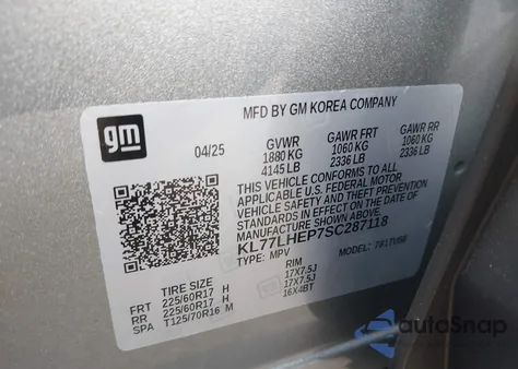 2025 Chevrolet Trax Fwd Lt from USA, damaged, VIN KL77LHEP7SC287118